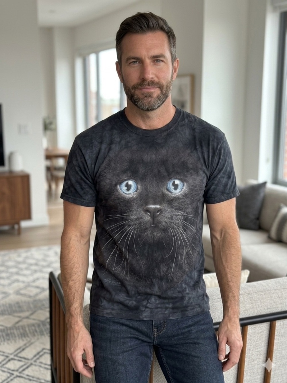 The Mountain Black Cat Graphic Tee with Blue Eyes